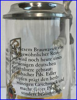 Vintage Crystal German Beer Stein Mug Krombacher Pils Pewter Etched Lid 6.9