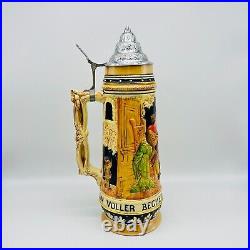 Vintage DBGM German Beer Stein 15L Pewter Lidded Hand Painted #829 Dog Tea Time