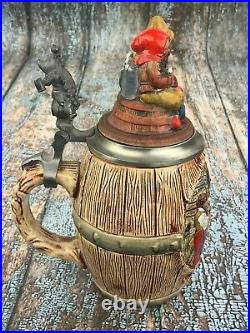 Vintage Egon Bay Hand Painted West German Lidded Beer Stein Pewter Gnome