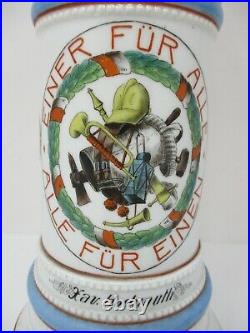 Vintage Fire Brigade Anniversary 11 German Beer Stein With Pewter Lid & Lithopane