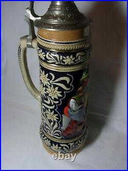 Vintage German 2 L. Lidded Beer Stein Tin Top Bavaria Edelweiss Black Forest #^