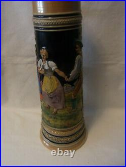 Vintage German 3 L. Lidded Beer Stein Tin Top Bavaria Man 2 Women Black Forest ^