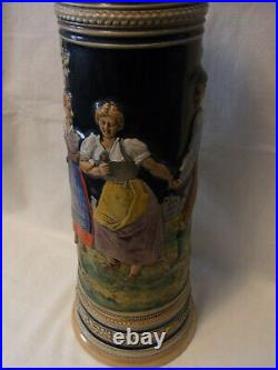 Vintage German 3 L. Lidded Beer Stein Tin Top Bavaria Man 2 Women Black Forest ^