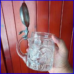 Vintage German Beer Glass Mug Pewter Lid Decorated Brand Prost Mein Freund 1960