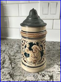 Vintage German Beer Stein Ceramic Earthenware with Pewter Lid