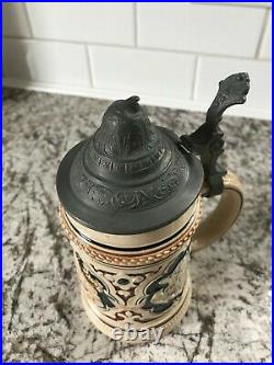 Vintage German Beer Stein Ceramic Earthenware with Pewter Lid
