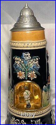Vintage German Beer Stein WithPewter Lid Music Box Hand Painted