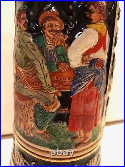 Vintage German Beer Stein withPewter Lid Colorful Outdoor Drinking Scene ST68