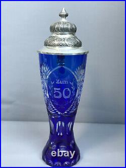 Vintage German Cobalt Blue to Clear Cut Crystal Large Beer Mug Pewter Lid 12,6
