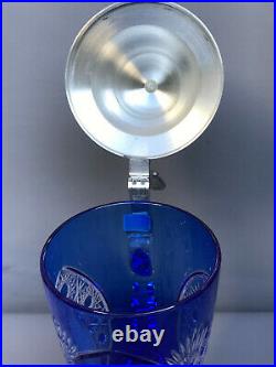 Vintage German Cobalt Blue to Clear Cut Crystal Large Beer Mug Pewter Lid 12,6