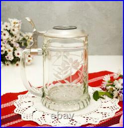 Vintage German Empty Beer Transparent Glass Serving Kitchen Lidded Stein 600ml