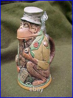 Vintage German Figural Pottery Beer Stein Monkey Smoking Pipe Matthias Girmschei