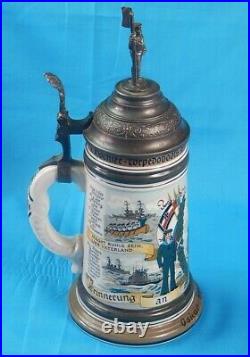 Vintage German Germany Karl Rau Beer Lidded Stein Mug Soldier Navy Naval Theme