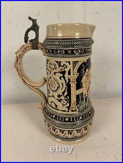 Vintage German Gerz Ceramic Large Stein with Men Drinking Decoration