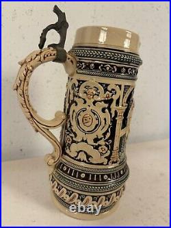 Vintage German Gerz Ceramic Large Stein with Men Drinking Decoration