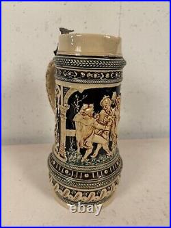 Vintage German Gerz Ceramic Large Stein with Men Drinking Decoration