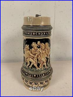 Vintage German Gerz Ceramic Large Stein with Men Drinking Decoration