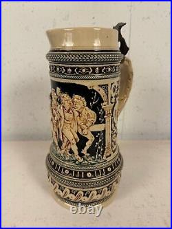 Vintage German Gerz Ceramic Large Stein with Men Drinking Decoration