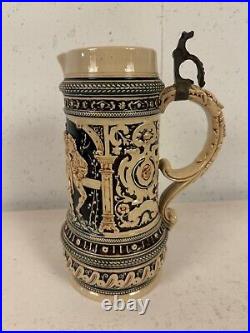 Vintage German Gerz Ceramic Large Stein with Men Drinking Decoration