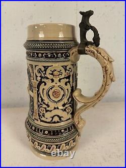 Vintage German Gerz Ceramic Large Stein with Men Drinking Decoration