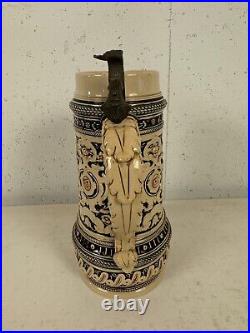 Vintage German Gerz Ceramic Large Stein with Men Drinking Decoration