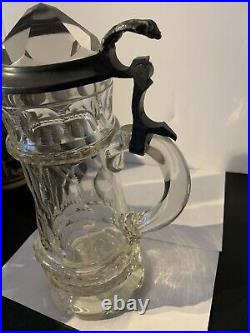 Vintage German Glass Beer Stein Jeweled Lid Pedestal Base Awesome