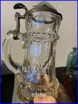 Vintage German Glass Beer Stein Jeweled Lid Pedestal Base Awesome