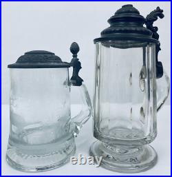 Vintage German Glass Beer Stein Lot Engraved Stag Pedestal Base Pewter lids