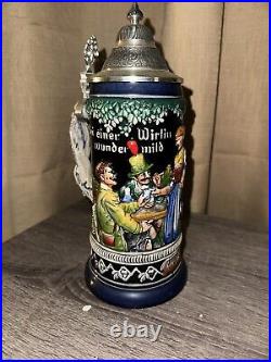 Vintage German'Hunters' Farewell' Wind Up Musical Beer Stein with Pewter Lid
