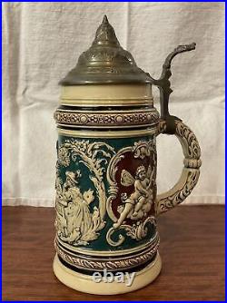 Vintage German Lidded Beer Stein Tavern Scene Geh Setz'diher No 366