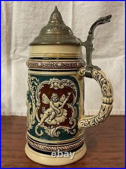 Vintage German Lidded Beer Stein Tavern Scene Geh Setz'diher No 366