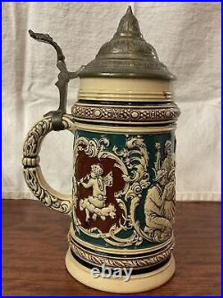 Vintage German Lidded Beer Stein Tavern Scene Geh Setz'diher No 366