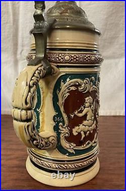 Vintage German Lidded Beer Stein Tavern Scene Geh Setz'diher No 366