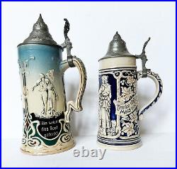 Vintage German Lidded Beer Steins Ceramic Relief. 5 Liter SET of 2