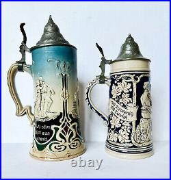 Vintage German Lidded Beer Steins Ceramic Relief. 5 Liter SET of 2