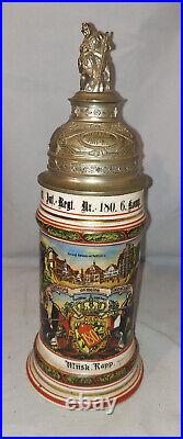 Vintage German Lithophane Regimental Beer Stein 1909-11 Unusual Finial