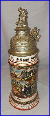 Vintage German Lithophane Regimental Beer Stein 1909-11 Unusual Finial