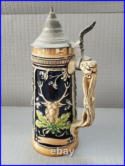 Vintage German Porcelain Lidded Beer Stein Germany Deer Hunting 11'' T