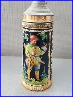 Vintage German Porcelain Lidded Beer Stein Germany Deer Hunting 11'' T