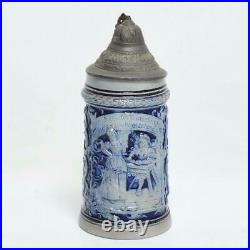 Vintage German Salt Glaze Cobalt Blue Beer Stein Pewter Lid, 558, 8.5