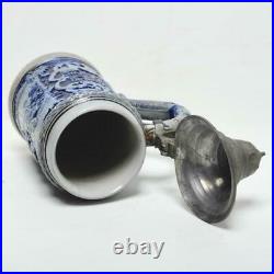 Vintage German Salt Glaze Cobalt Blue Beer Stein Pewter Lid, 558, 8.5