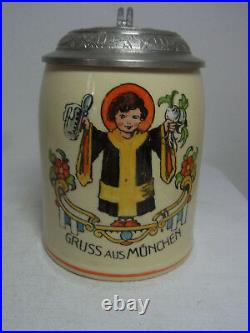 Vintage German Tin Top Lidded Beer Stein Munich Child #XX