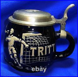 Vintage German Tin Top Lidded Beer Stein Soccer Gut Tritt #XX