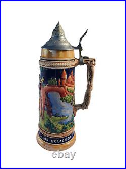 Vintage Gerz German Beer Stein 14 Tall 1.5 Liters 1862 Castle Man Horse Horn