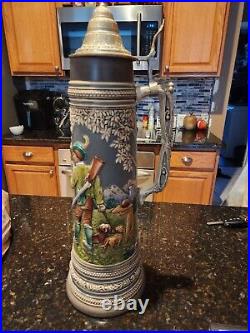 Vintage Handarbeit Gerzit Gerz German Hunting Scene Ceramic Beer Stein 19in