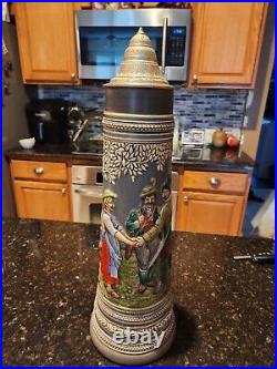 Vintage Handarbeit Gerzit Gerz German Hunting Scene Ceramic Beer Stein 19in