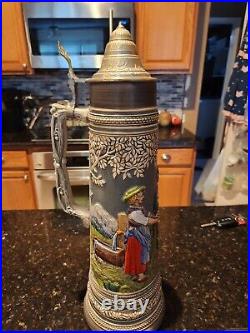 Vintage Handarbeit Gerzit Gerz German Hunting Scene Ceramic Beer Stein 19in