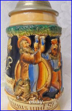 Vintage King German Lidded Beer Stein Gumbrinus und St. Salvator with Handle