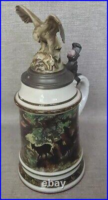 Vintage Large Huge Pewter Lid German Beer Stein Tankard 15 Eagle Prey Theme 3L