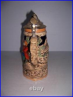 Vintage Lidded Beer Stein With Music Box And German Dancing Flute Playing Scene